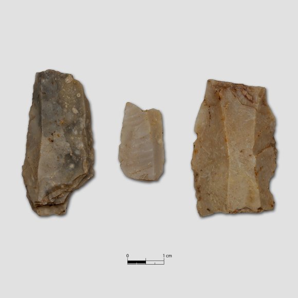 Silex-Klingenfragmente | Foto: Uwe Schroeder (© Landesamt für Archäologie Sachsen) Silex-Klingenfragmente - Drei Klingenfragmente, in einem Fall mit lateraler Retusche.